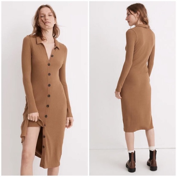 Madewell Dresses & Skirts - Madewell Fitted Ribbed Button-Up Sweater Dress Camel Tan Large NWT Retail $110